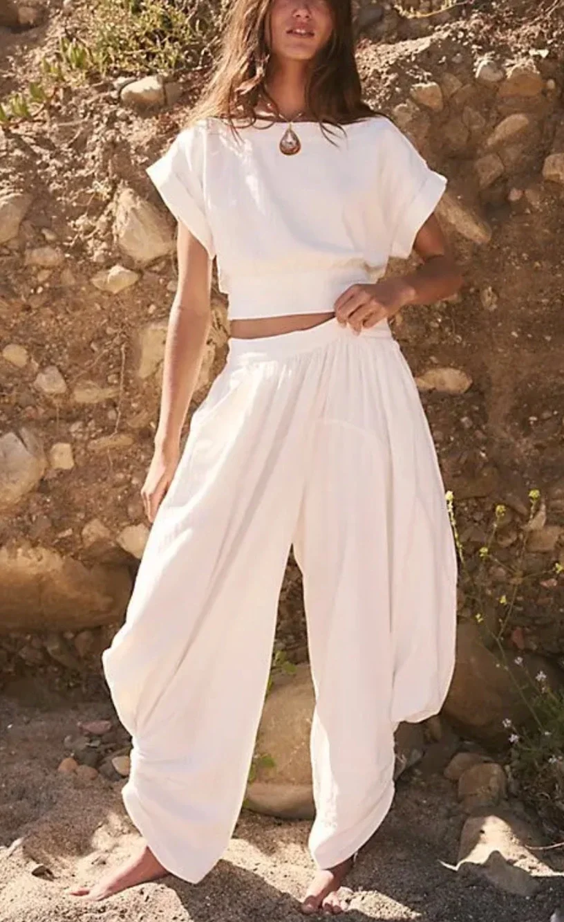 NEW FREE PEOPLE FREE-EST WHITE FEELIN' FREE CROPPED TOP HAREM PANTS SET SZ L